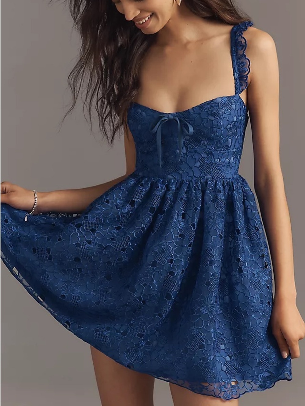 By Anthropologie Ruffle Strap Corset Lace Mini Dress Blue Sz L